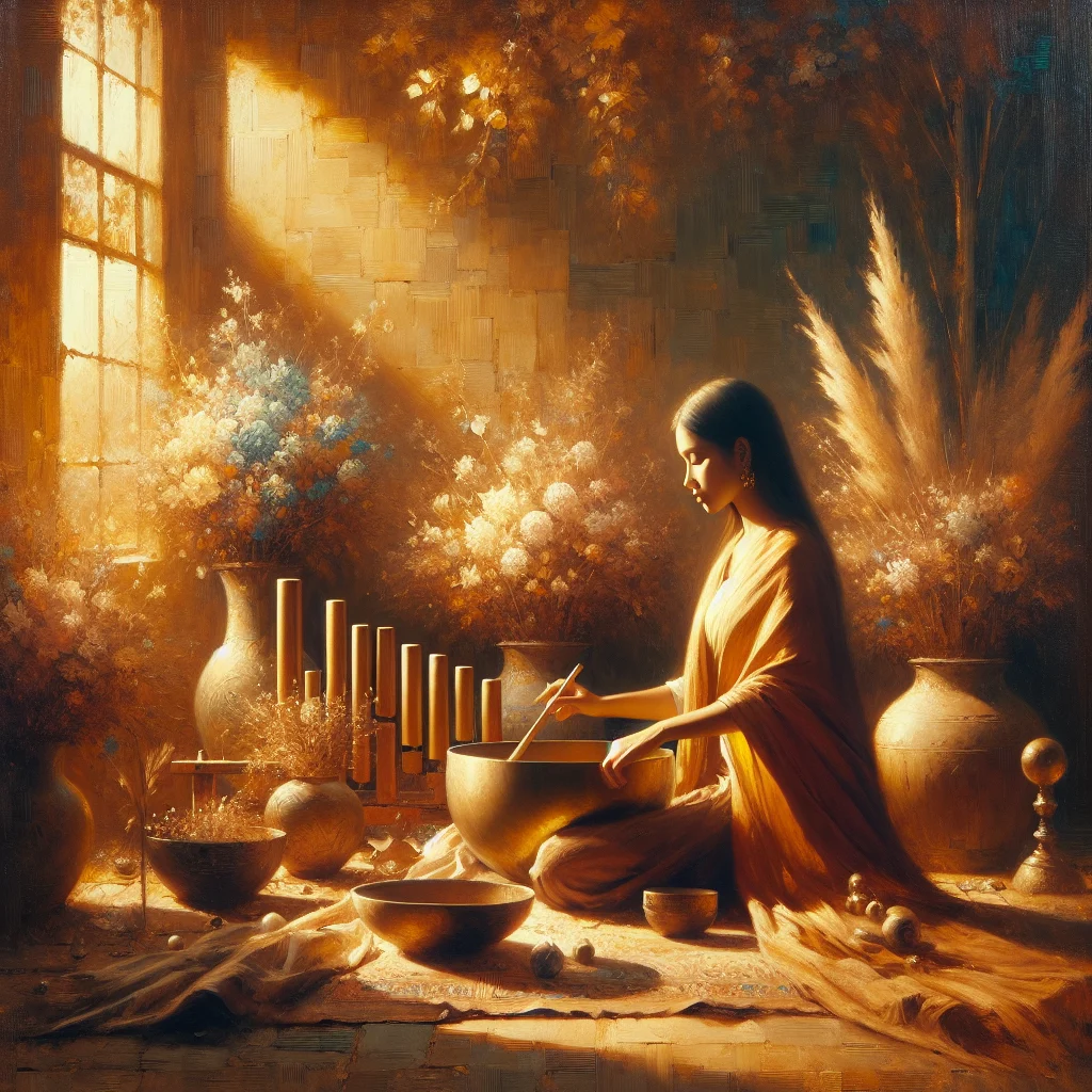 A serene studio with singing bowls, tuning forks, and other frequency healing tools