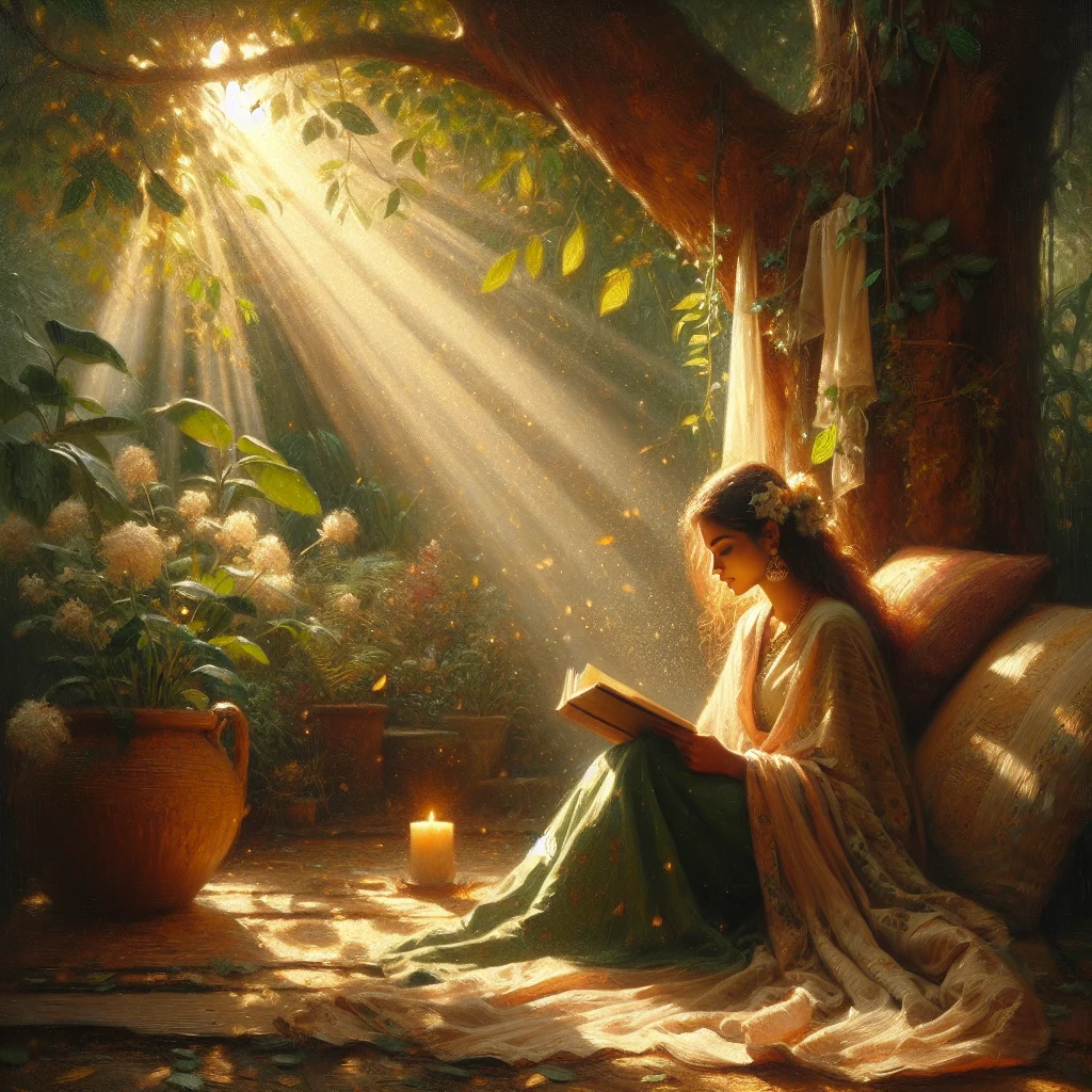 a woman reading the best book on mindfulness outdoors surrounded by trees and sunlight