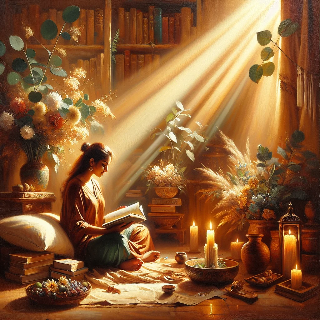 a woman sitting on a cushion reading the best book on mindfulness with a candle next to her