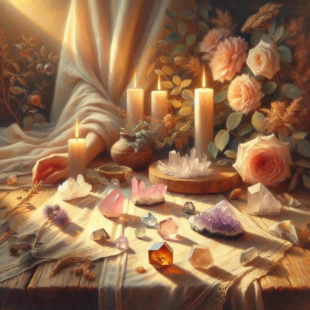 The healing crystals arranged for energy balancing