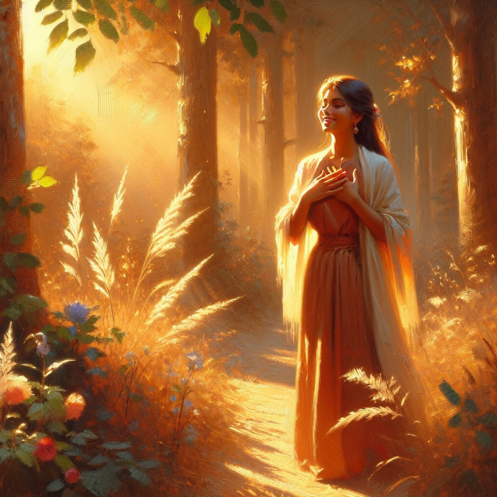 woman practicing gratitude study outdoors surrounded by nature