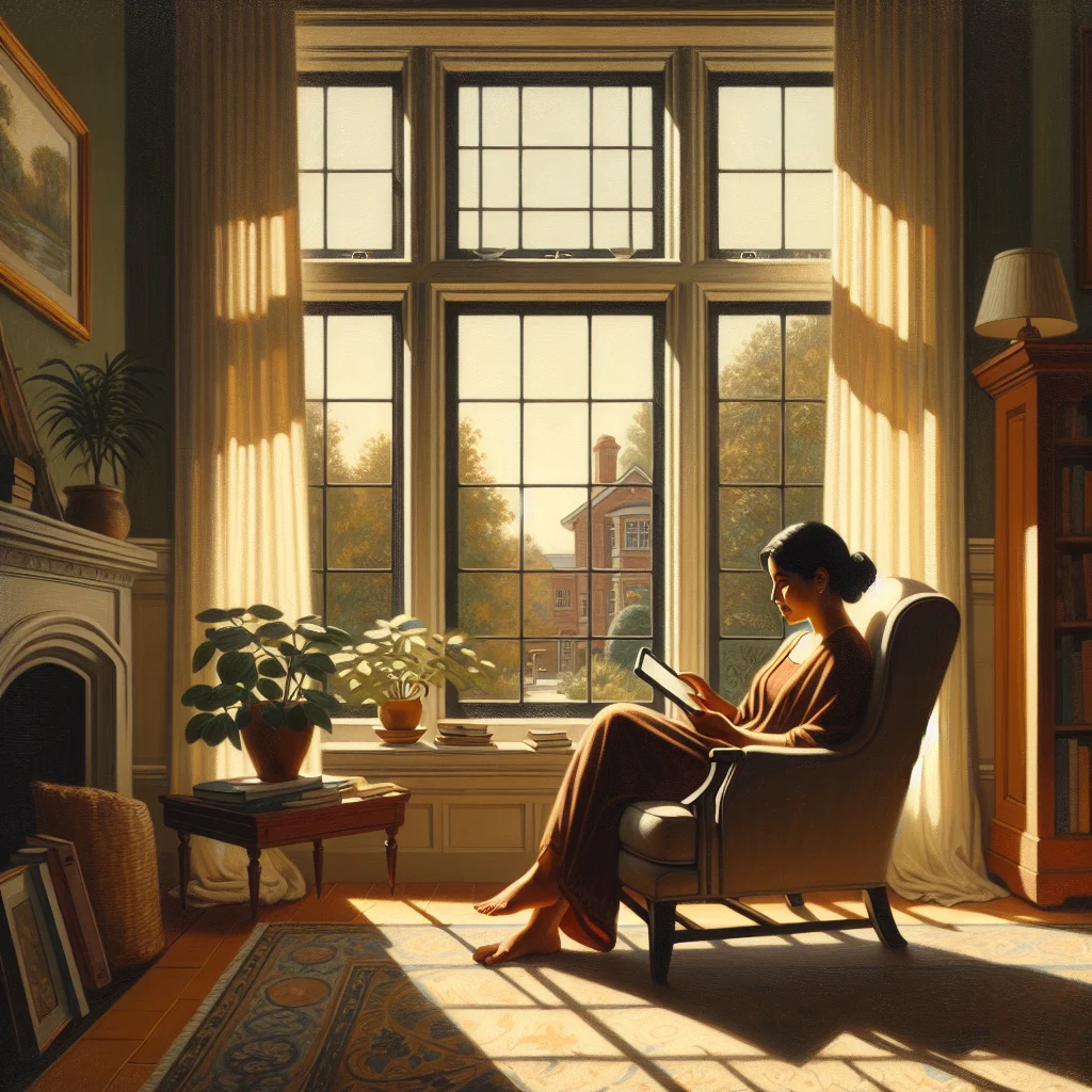 Woman relaxing on a chair reading best slow living blogs on a tablet by a window