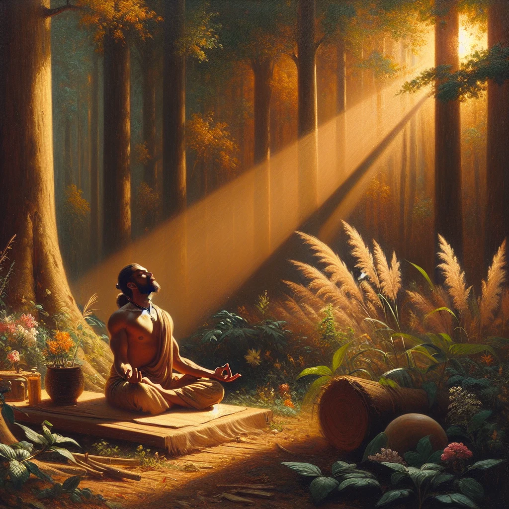 Man practicing yoga mindfulness in a peaceful forest setting