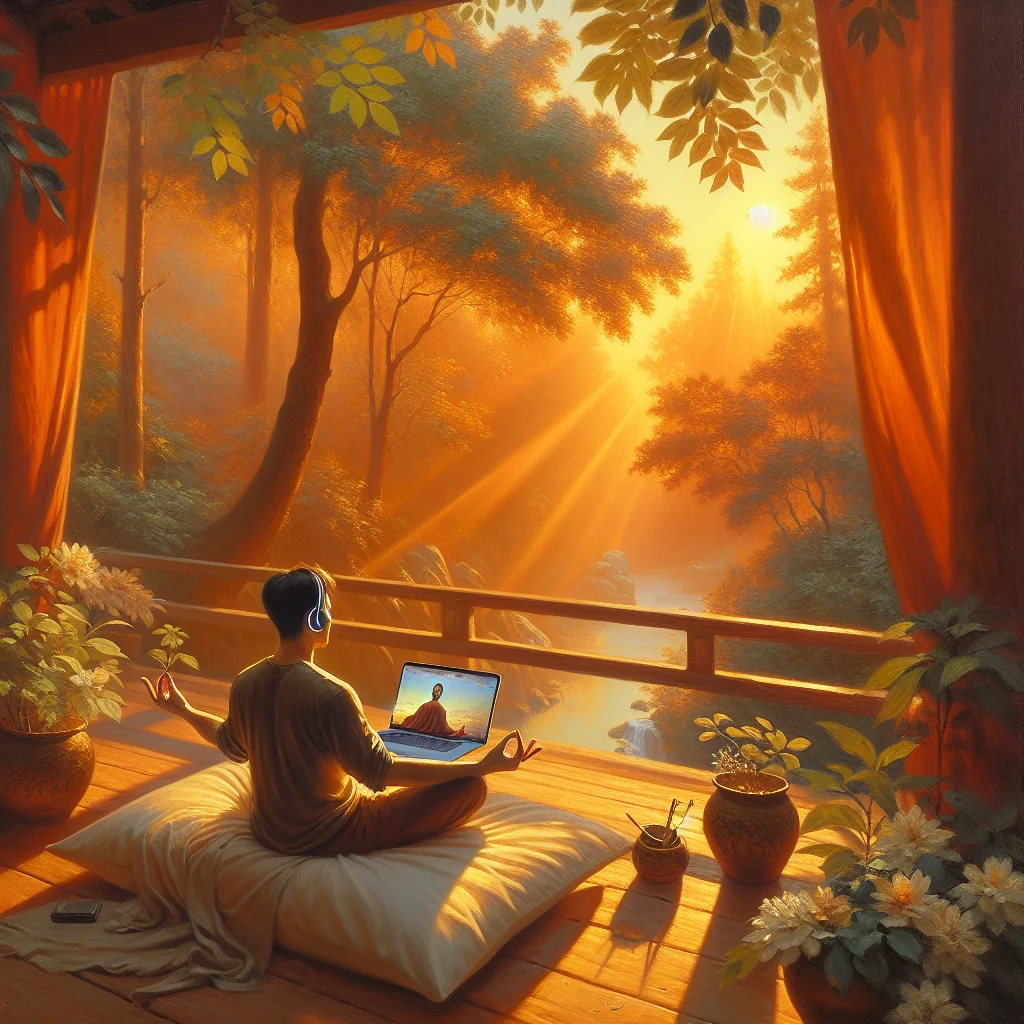 Person doing morning meditation with YouTube guidance on balcony overlooking nature