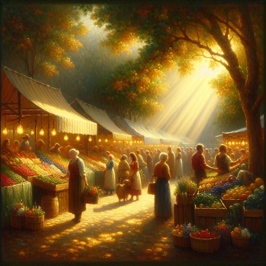 Vibrant American farmers market with people browsing local produce and connecting with farmers embodying slow living USA principles