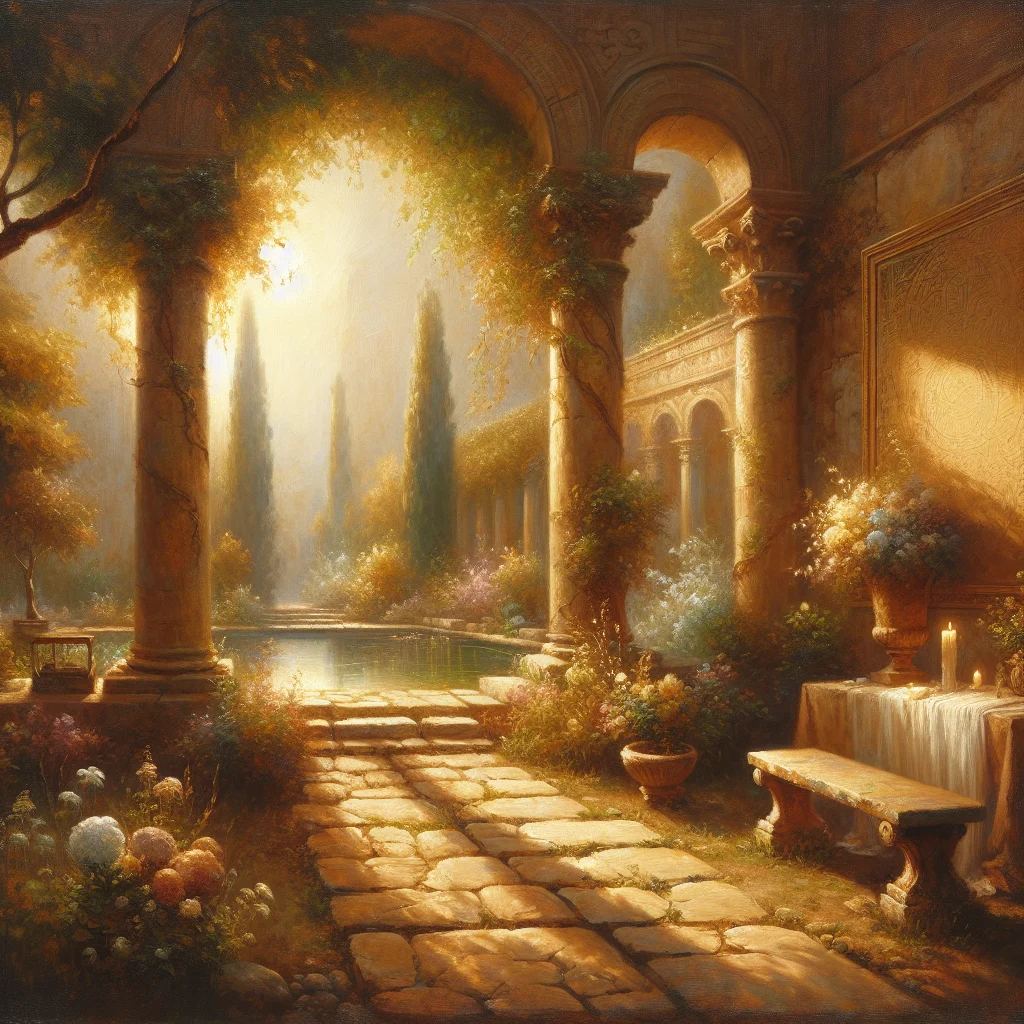 Tranquil ancient Roman garden representing slow living philosophy with stone pathways and meditation spaces