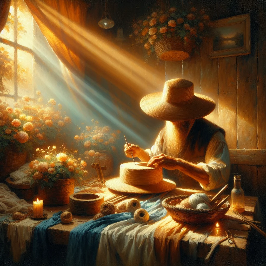 Artisan's hands carefully crafting a slow living culture hat using traditional techniques and natural fibers