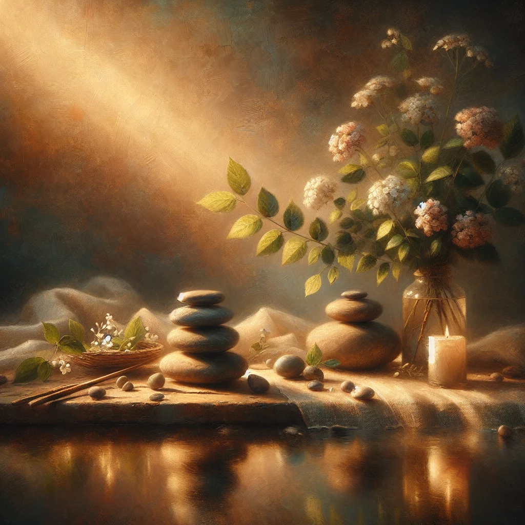 Stack of balanced stones beside calm water symbolizing emotional balance and inner harmony