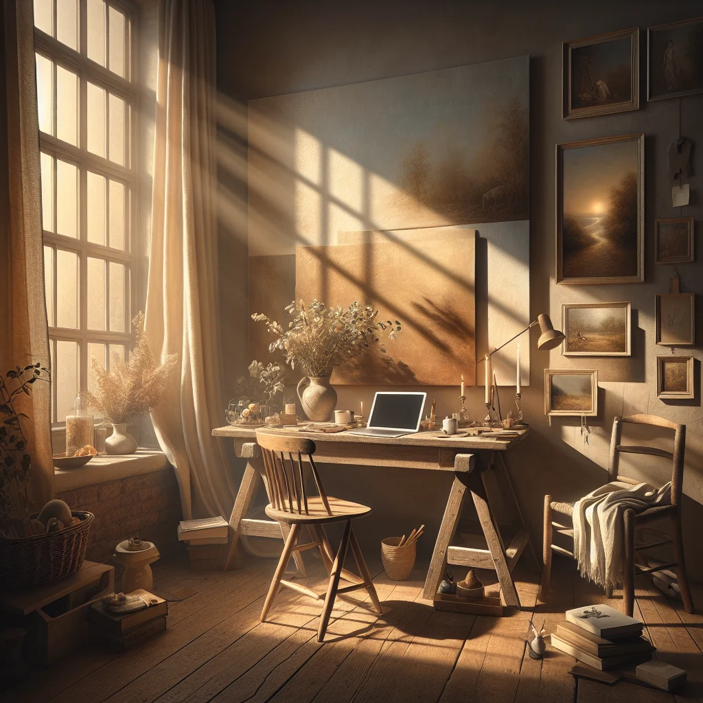 Serene workspace featuring natural light and plants embodying slow living and work balance