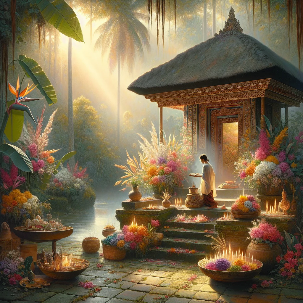 Traditional Balinese healing ceremony taking place at a temple with offerings and incense for emotional healing in Bali