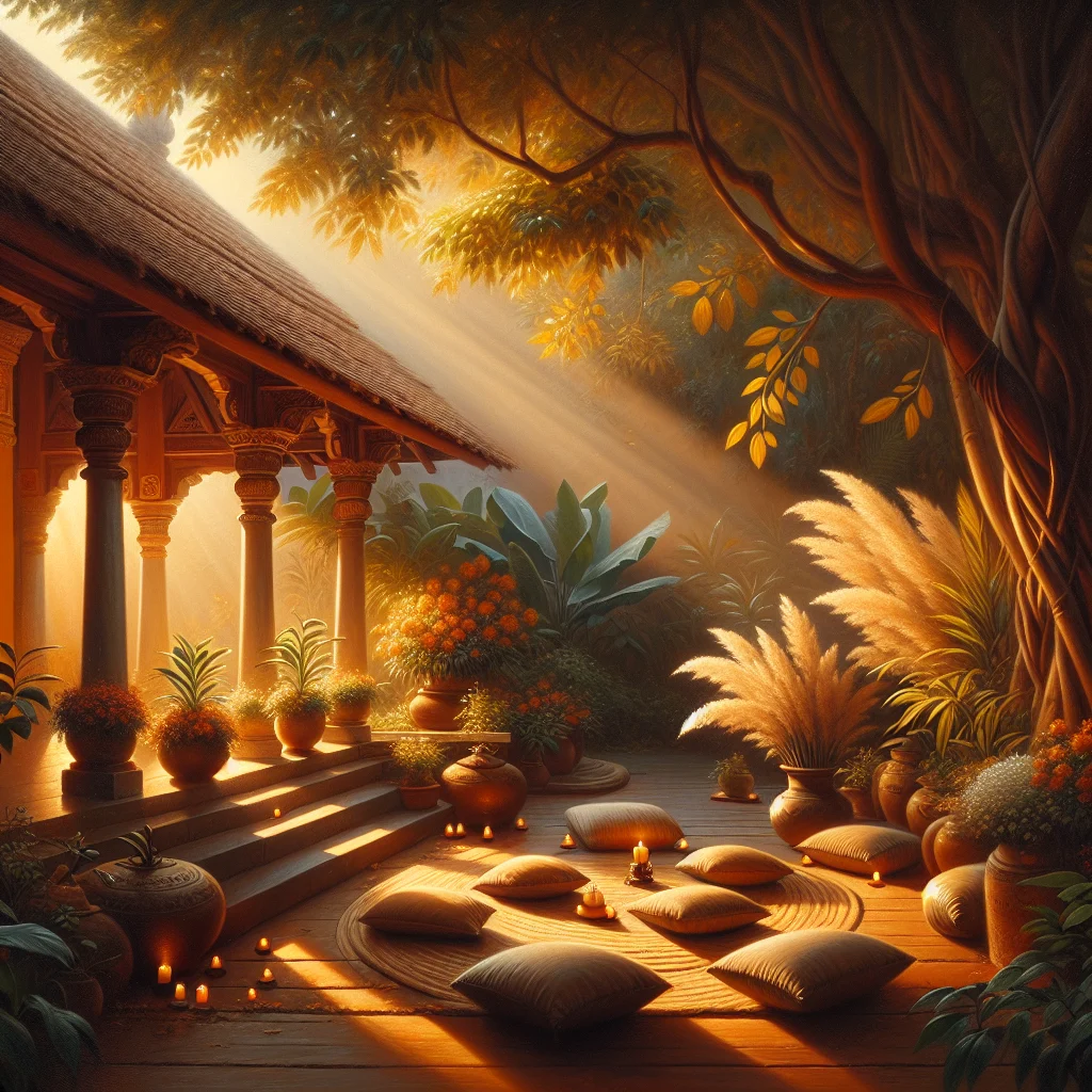 Serene outdoor wellness space in Bangalore with meditation cushions and natural elements supporting emotional healing practices