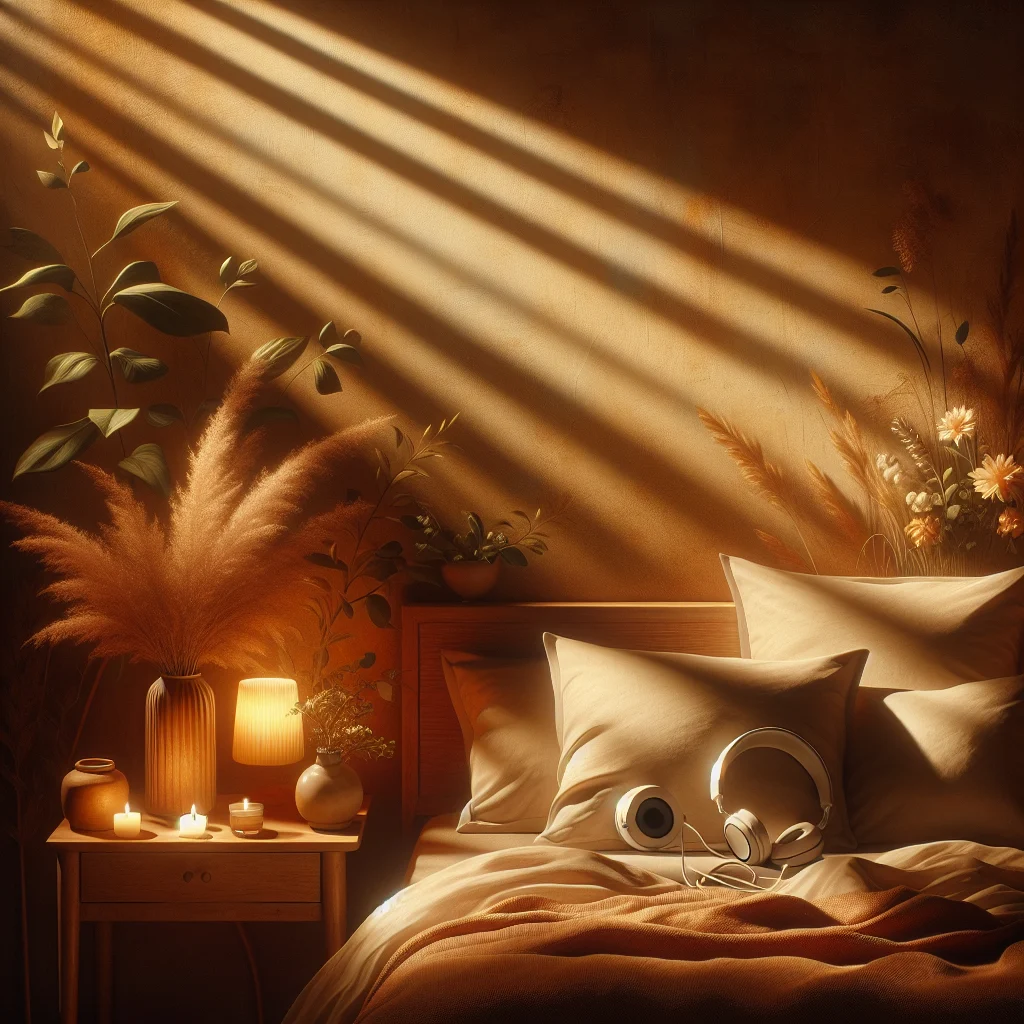 Peaceful bedroom environment optimized for listening to sleep healing frequencies at night