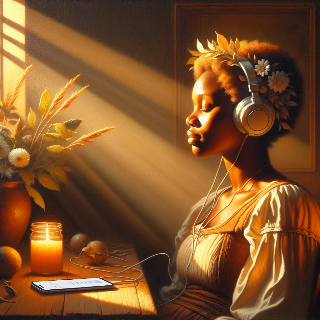 Person with headphones peacefully listening to a meditation podcast in a comfortable setting