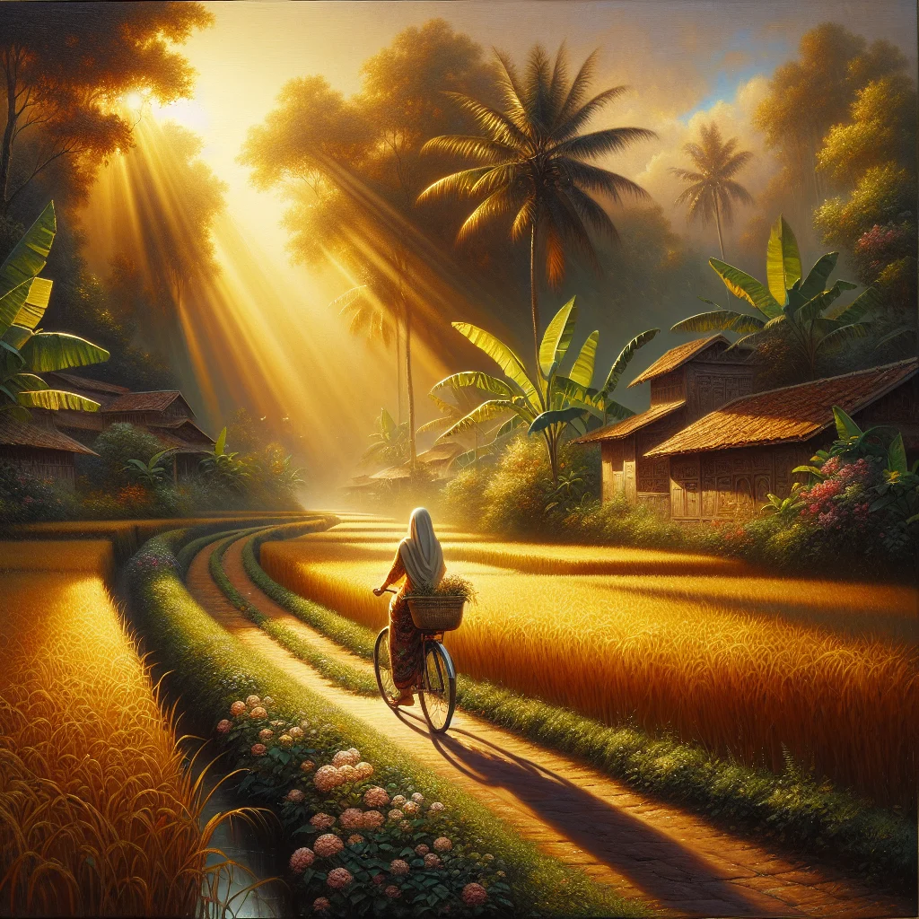 Person cycling through lush green rice fields near Yogyakarta exemplifying slow living at Jogja lifestyle