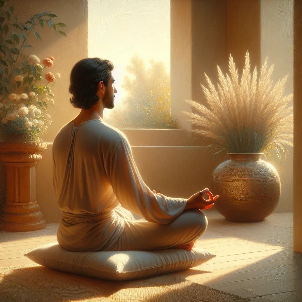 Person sitting in traditional Buddhist meditation posture with straight spine and crossed legs