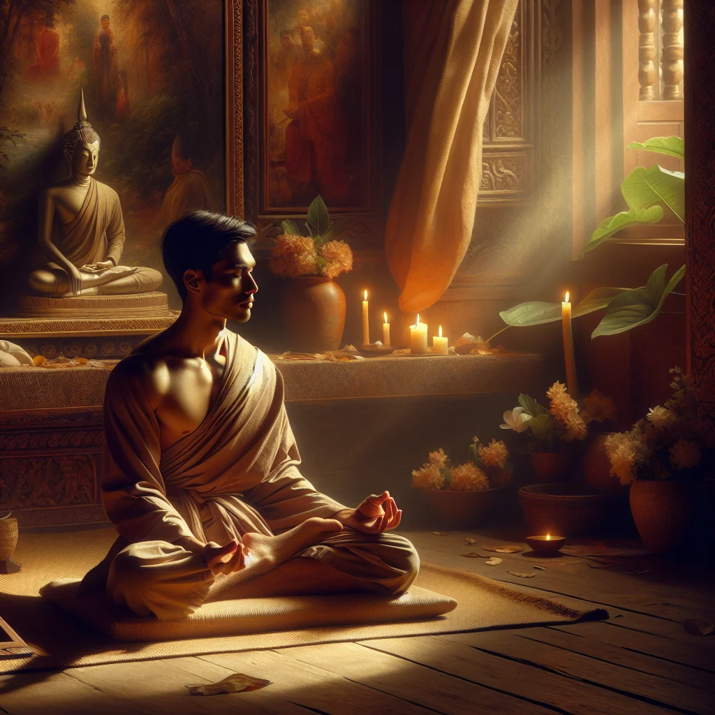 A Buddhist practitioner engaged in insight meditation practice in a peaceful temple setting