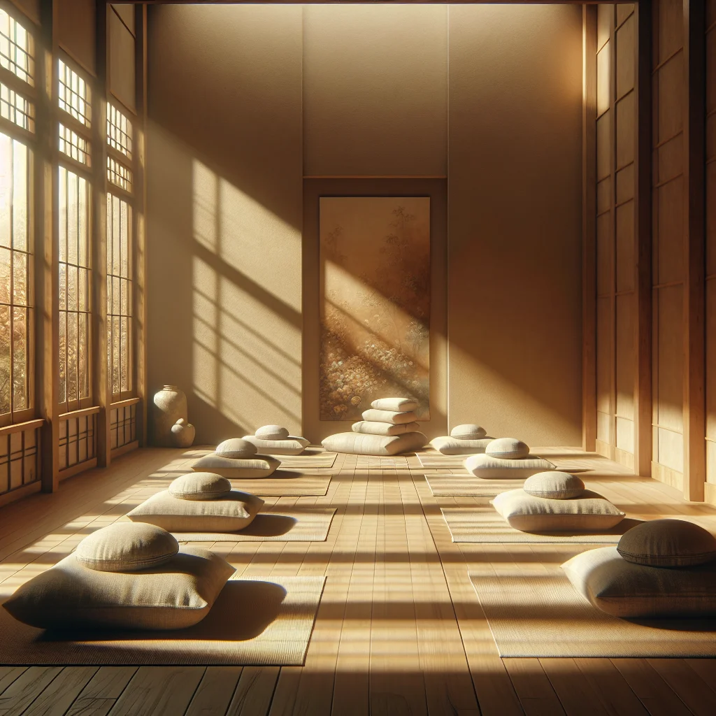 Peaceful meditation hall with cushions arranged for Buddhist meditation practice