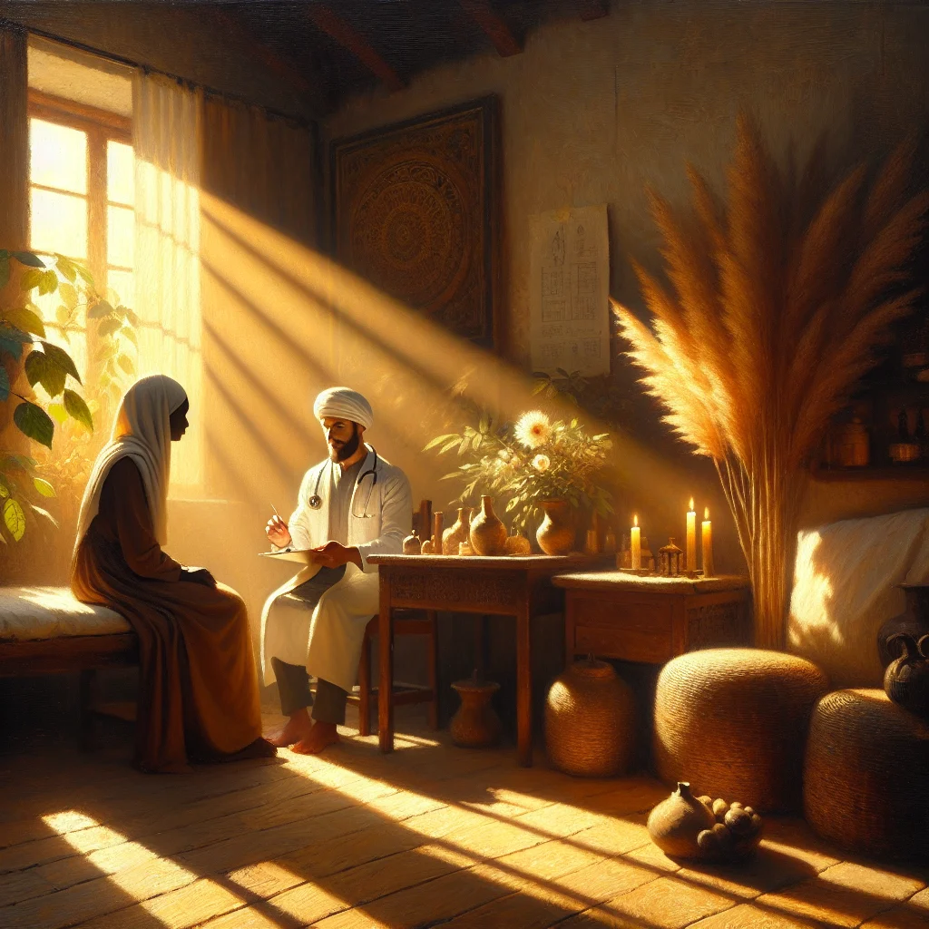 burnout-recovery-patient-consultation Healthcare professional conducting a burnout recovery assessment with a patient in a calm clinic setting