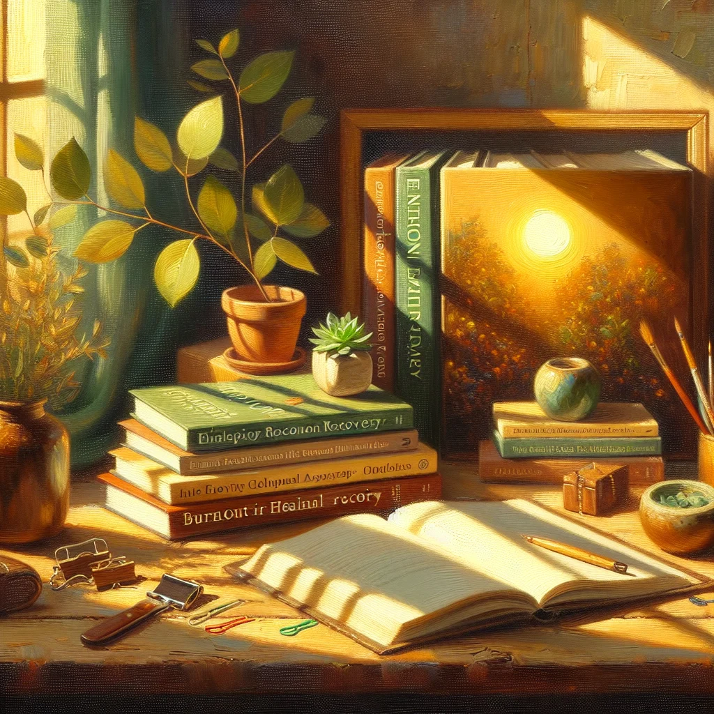 burnout-recovery-workspace-with-books Peaceful desk setup with burnout symptoms books, journal, and calming elements for recovery