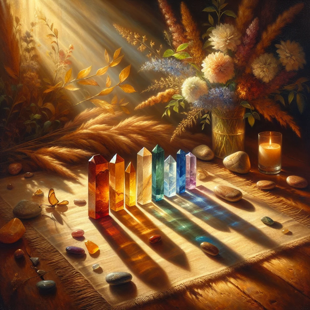 chakra-balancing-with-healing-crystals Arrangement of colorful healing crystals aligned with seven chakra positions on meditation mat