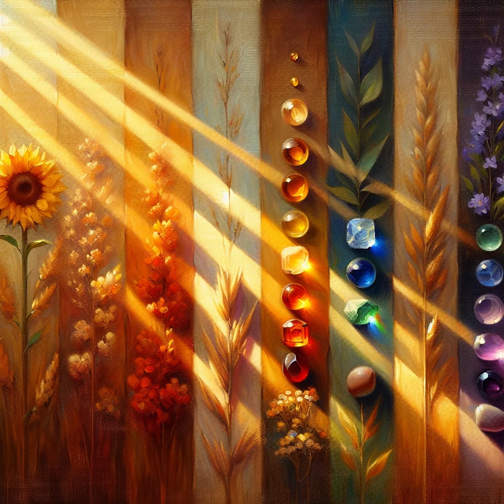 Seven chakra healing stones arranged in a line showing corresponding colors from root to crown chakra