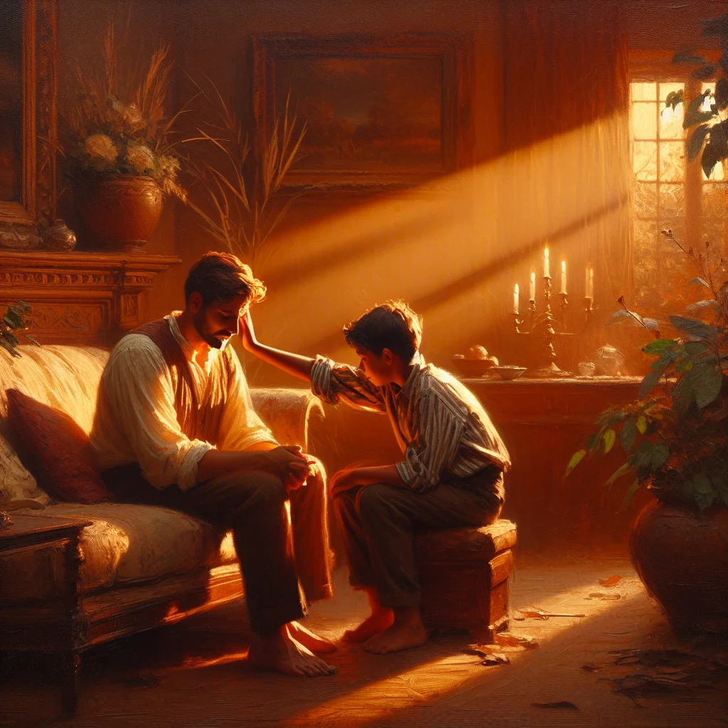 Young child sitting beside a distressed parent offering comfort, depicting emotional parentification role reversal