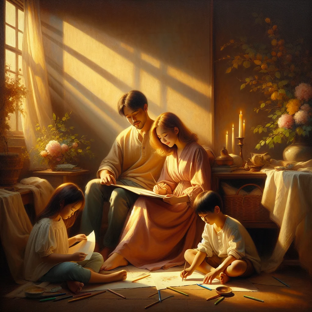 children-doing-mindful-activities-at-home Children engaged in mindful coloring and breathing exercises with parents in a peaceful home environment