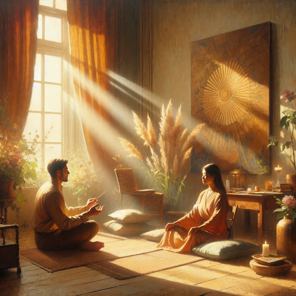 Professional coach guiding a client through mindfulness exercises in a peaceful setting with natural lighting