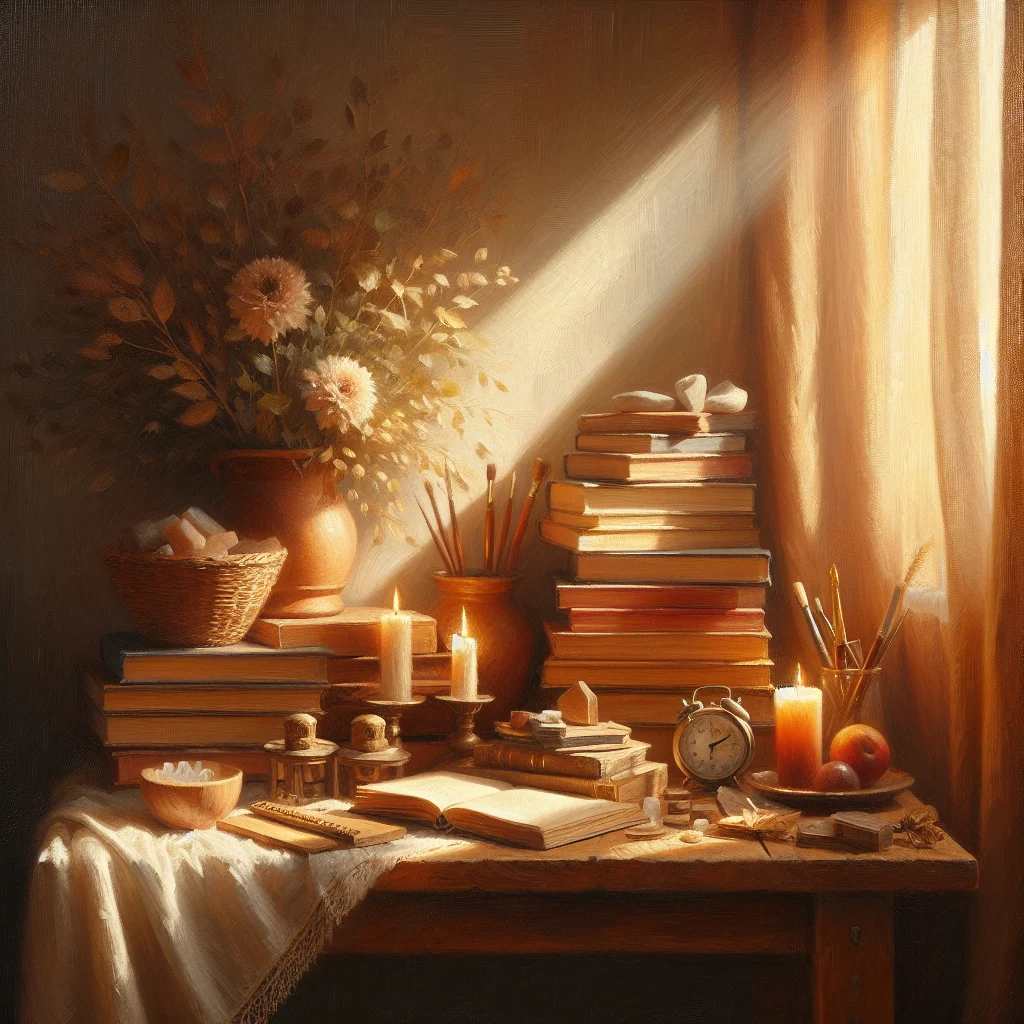 Carefully arranged collection of self help books about mindfulness displayed on a wooden shelf near a meditation cushion