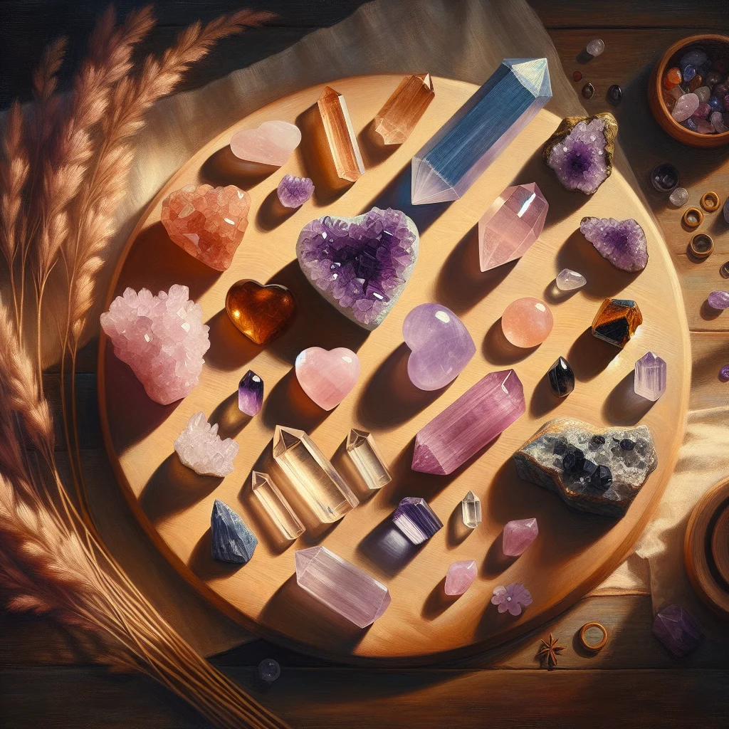 Variety of colorful healing crystals including amethyst, rose quartz, and clear quartz displayed on natural wood surface