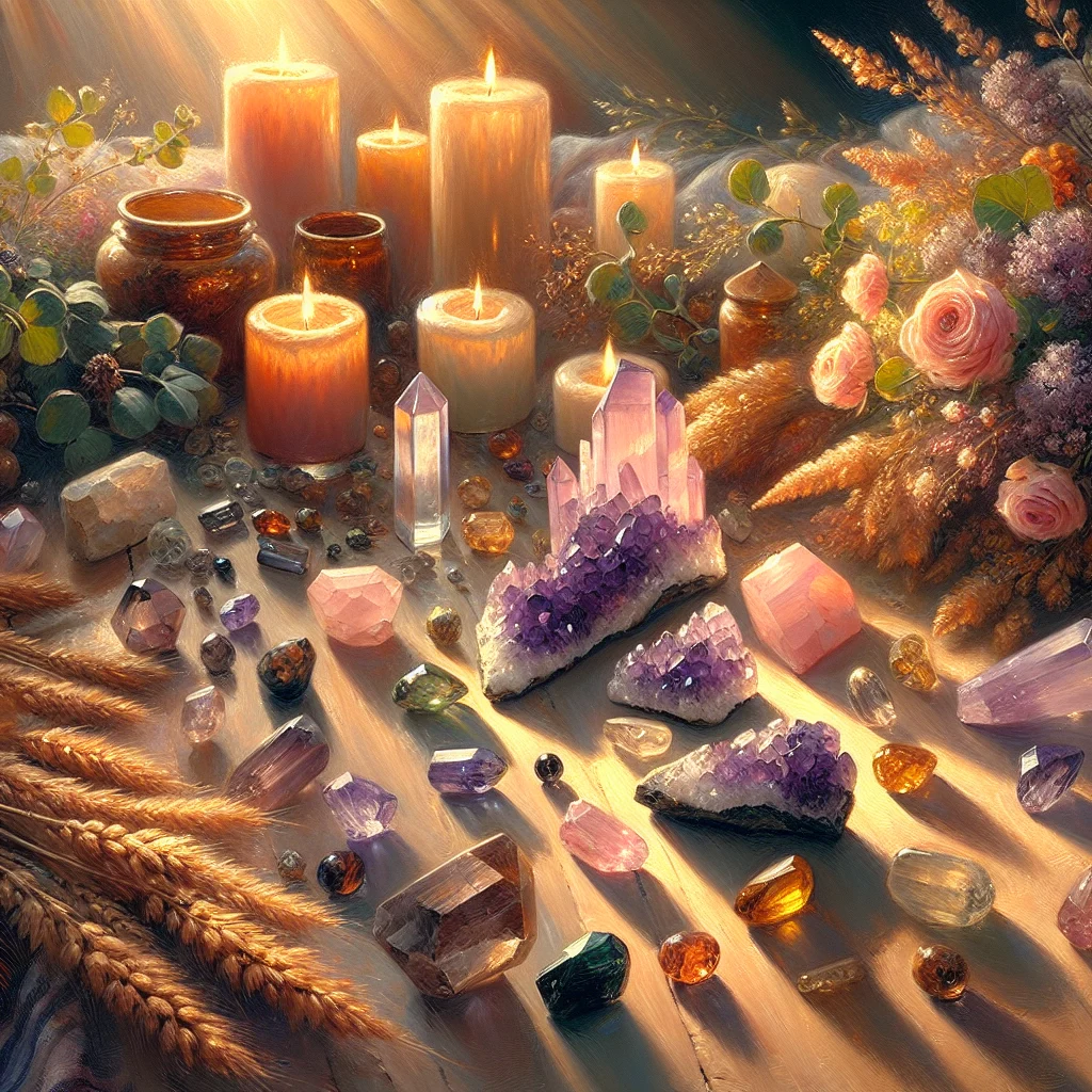 colorful-healing-crystals-collection Collection of various self healing stones including amethyst, rose quartz, and clear quartz displayed on natural wood surface