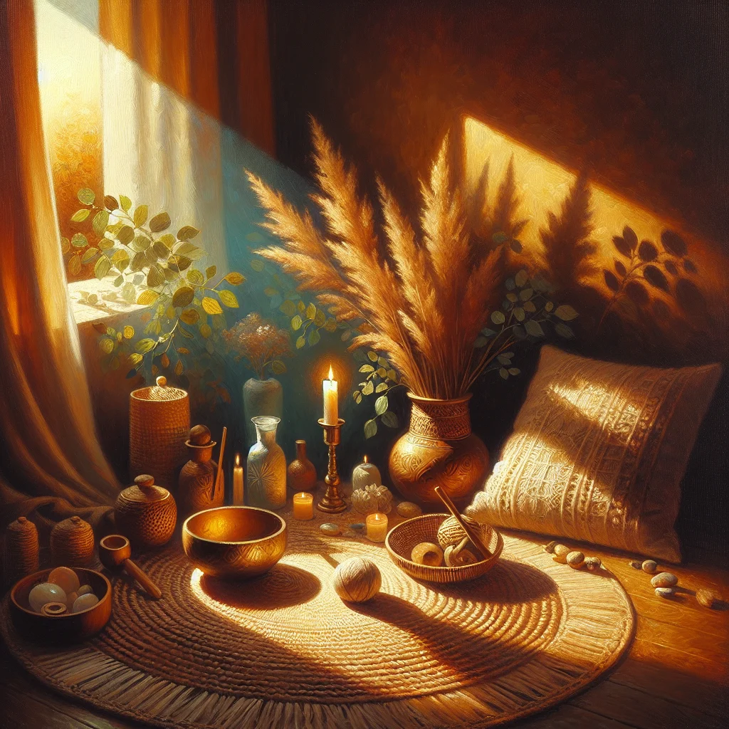 A serene home meditation corner with mindfully chosen items including cushions, plants, and natural materials from a mindful shop