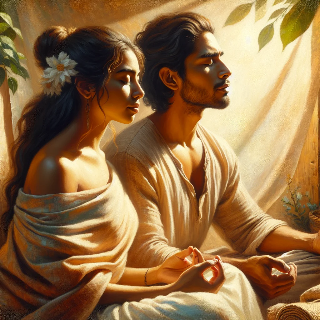 Couple sitting together in peaceful meditation practicing love and mindfulness in their relationship