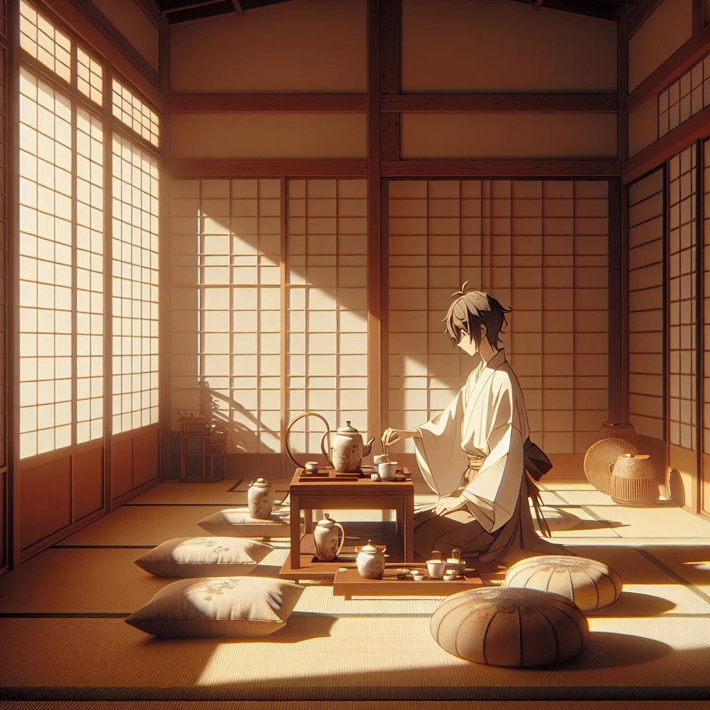 cozy-anime-tea-ceremony-traditional-room Serene anime scene of a traditional Japanese tea ceremony in a tatami room with soft natural lighting