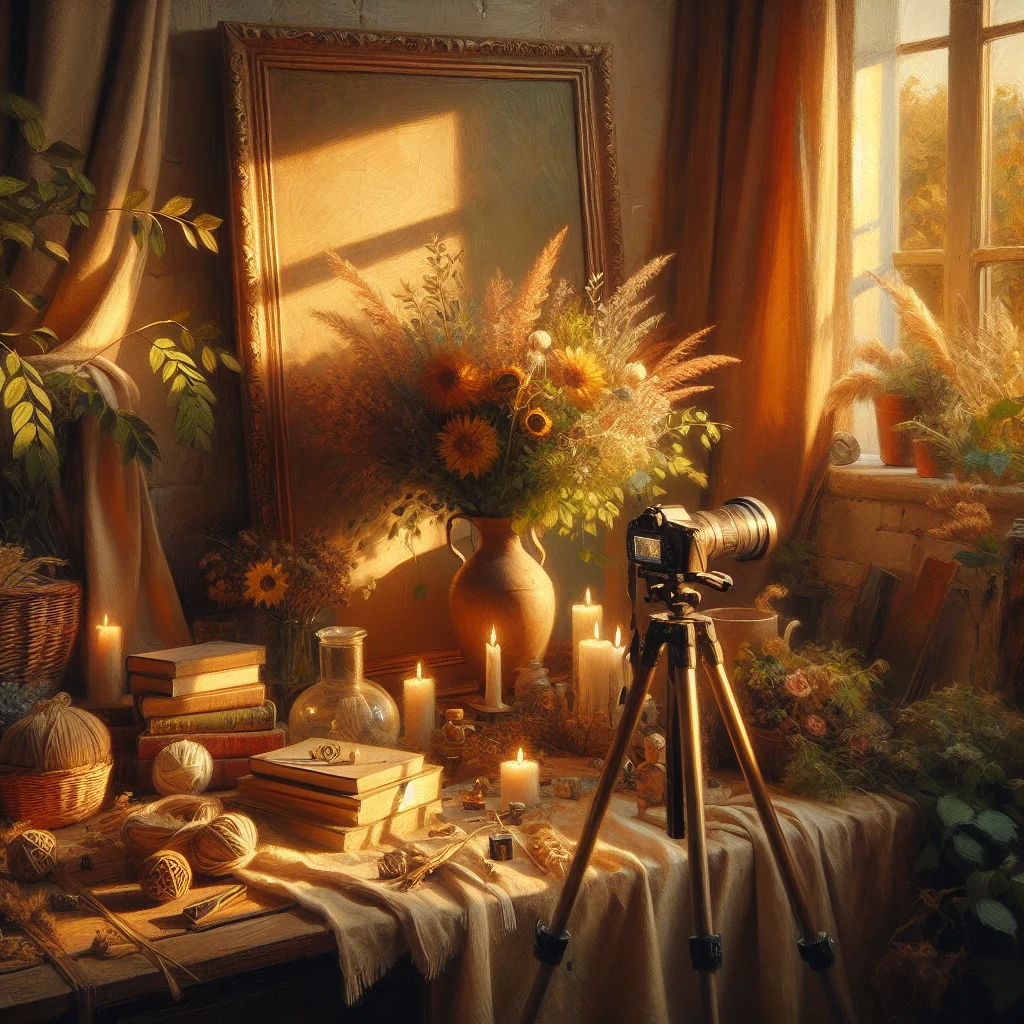 Minimalist home workspace with camera equipment and natural elements for slow living vlog production