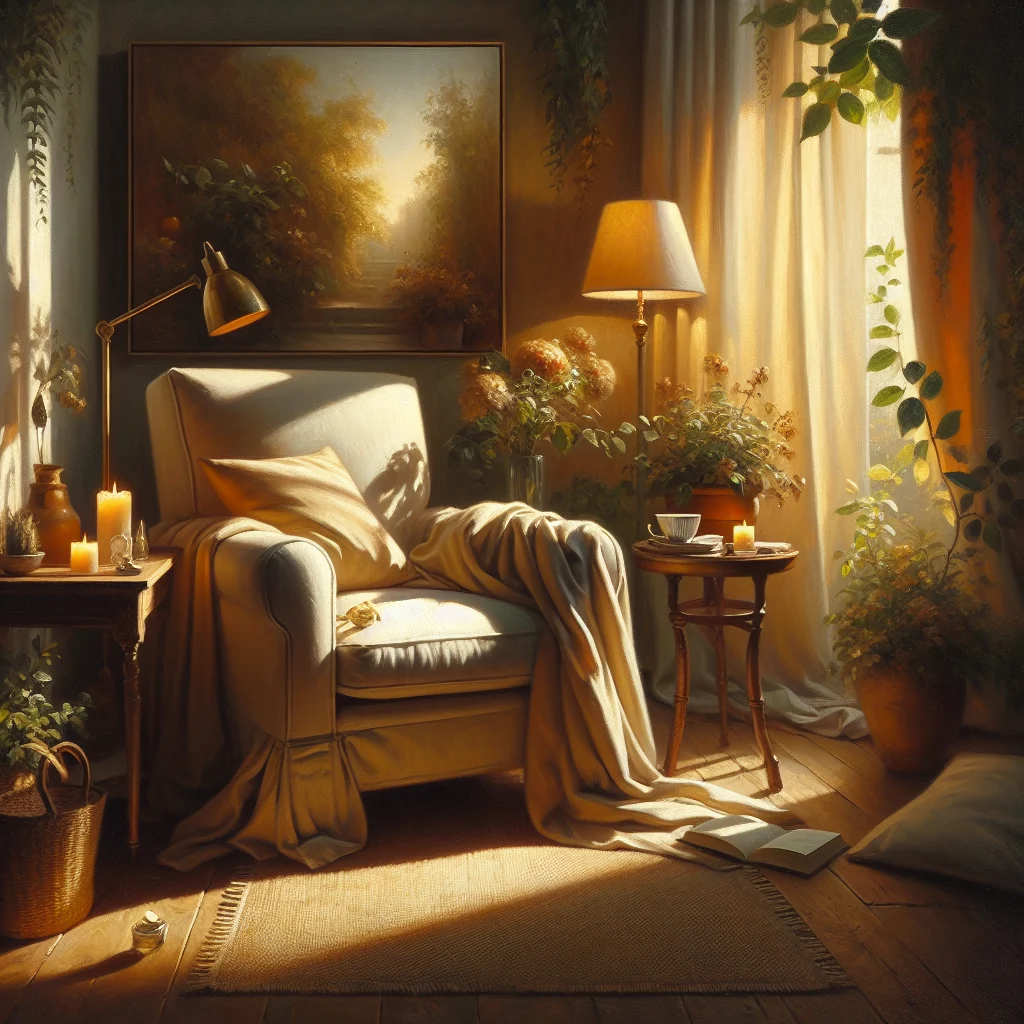 Inviting reading nook showcasing slow living design with comfortable seating, soft textiles, indoor plants, and natural light for a peaceful retreat