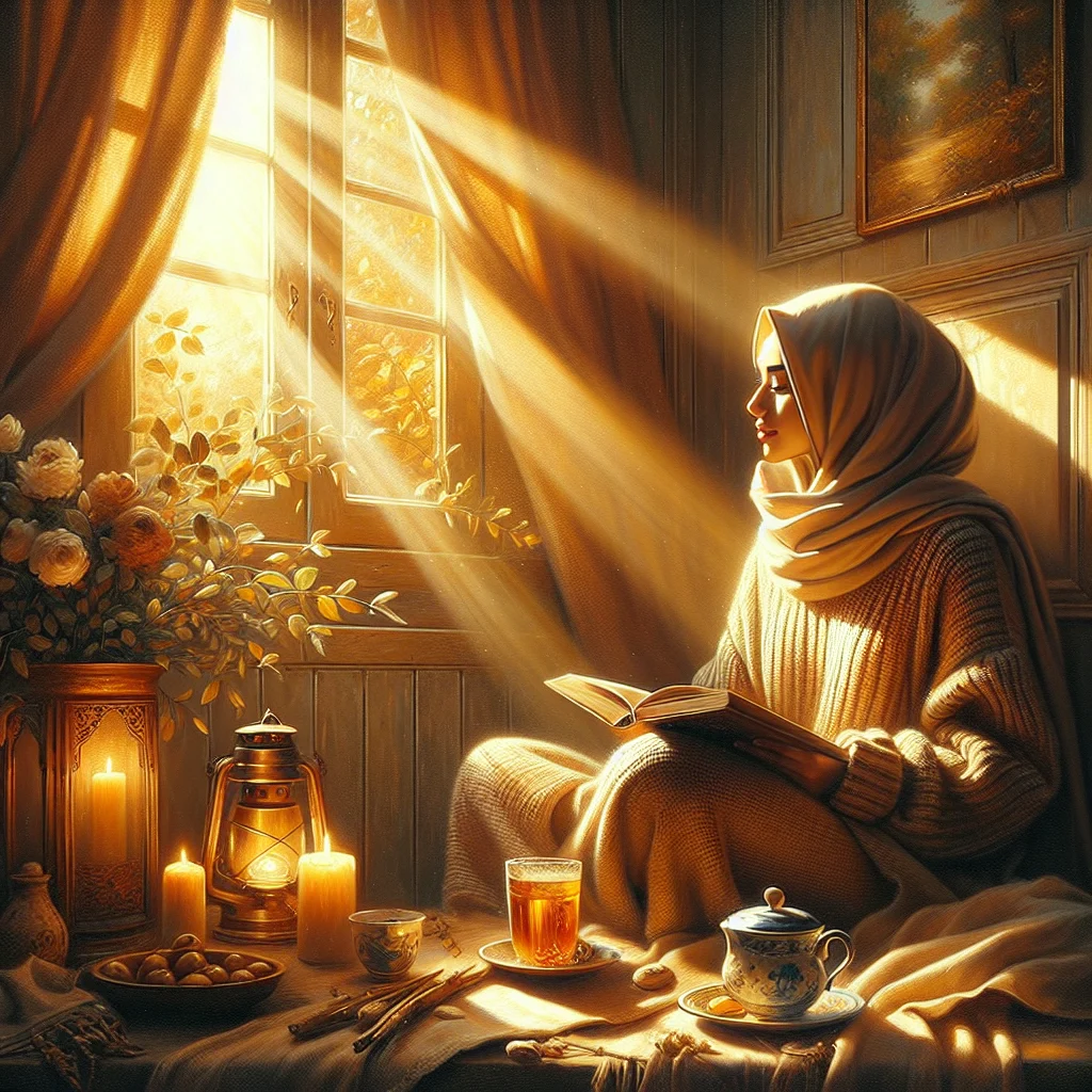 Person wearing a comfortable slow living sweater while reading by the window in natural light