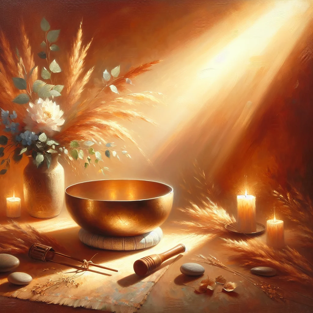 crystal-singing-bowl-with-meditation-setup Crystal singing bowl placed on cushion with meditation mat and candles in peaceful room setting