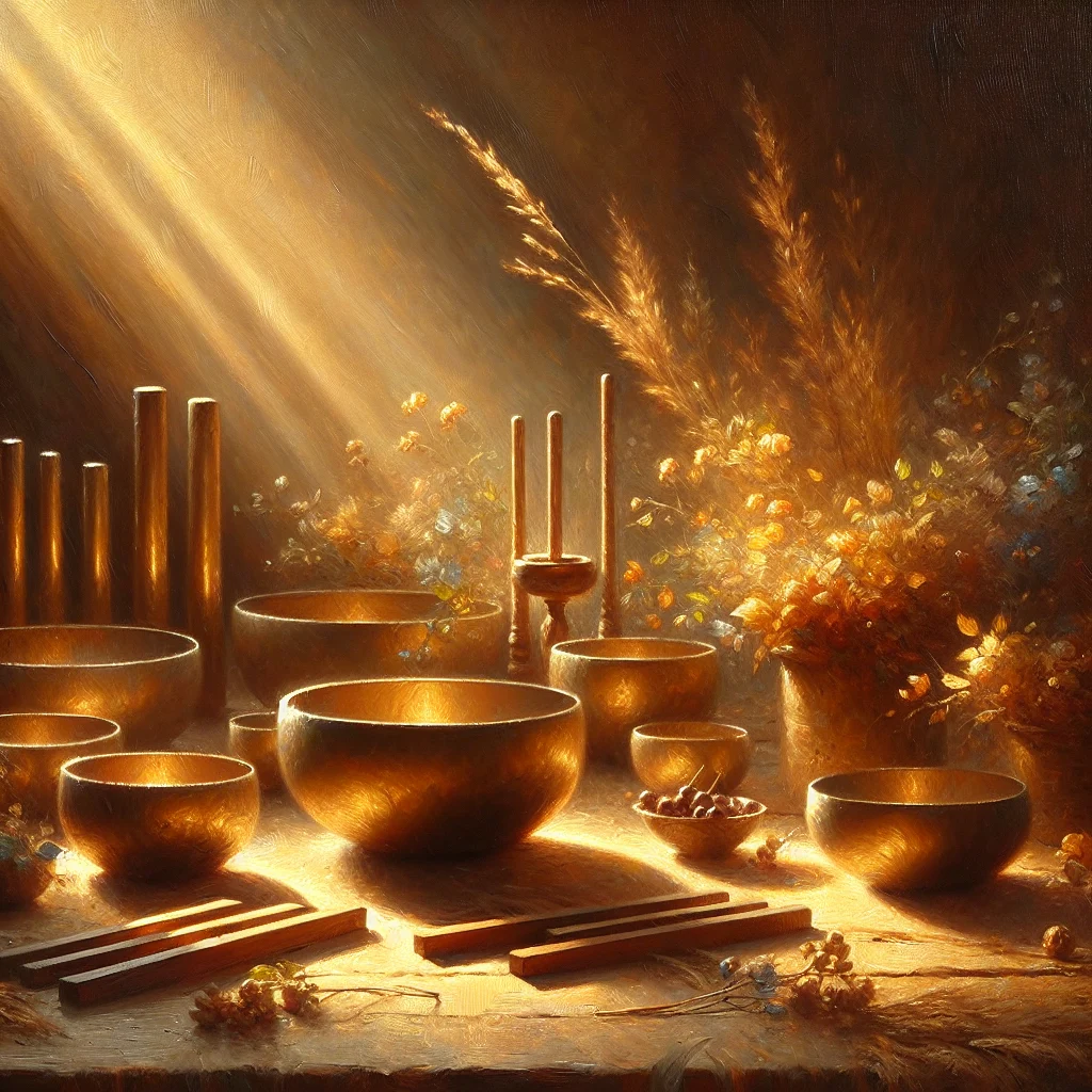 Collection of crystal singing bowls and tuning forks arranged for the healing sound therapy session