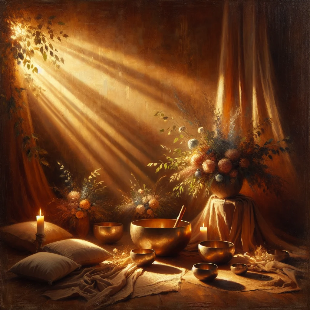 crystal-singing-bowls-arrangement-in-healing-space Multiple crystal singing bowls arranged for sound healing practice in Australia