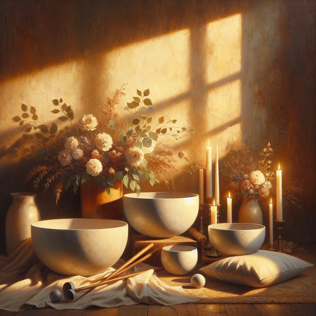 A collection of clear quartz crystal singing bowls arranged in a circle on a meditation mat with soft natural lighting