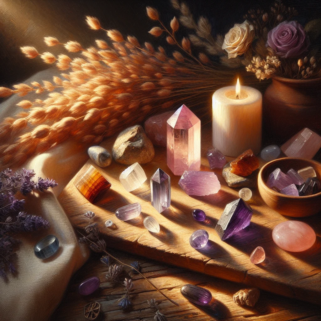 crystals-for-anxiety-relief Selection of healing crystals used for anxiety including amethyst, rose quartz, and blue lace agate arranged on a calm background