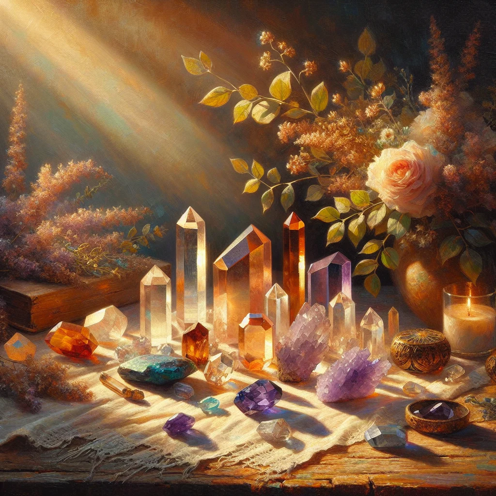 crystals-for-mental-clarity-and-focus Collection of various crystals arranged on a peaceful workspace including clear quartz and fluorite for enhancing mental focus