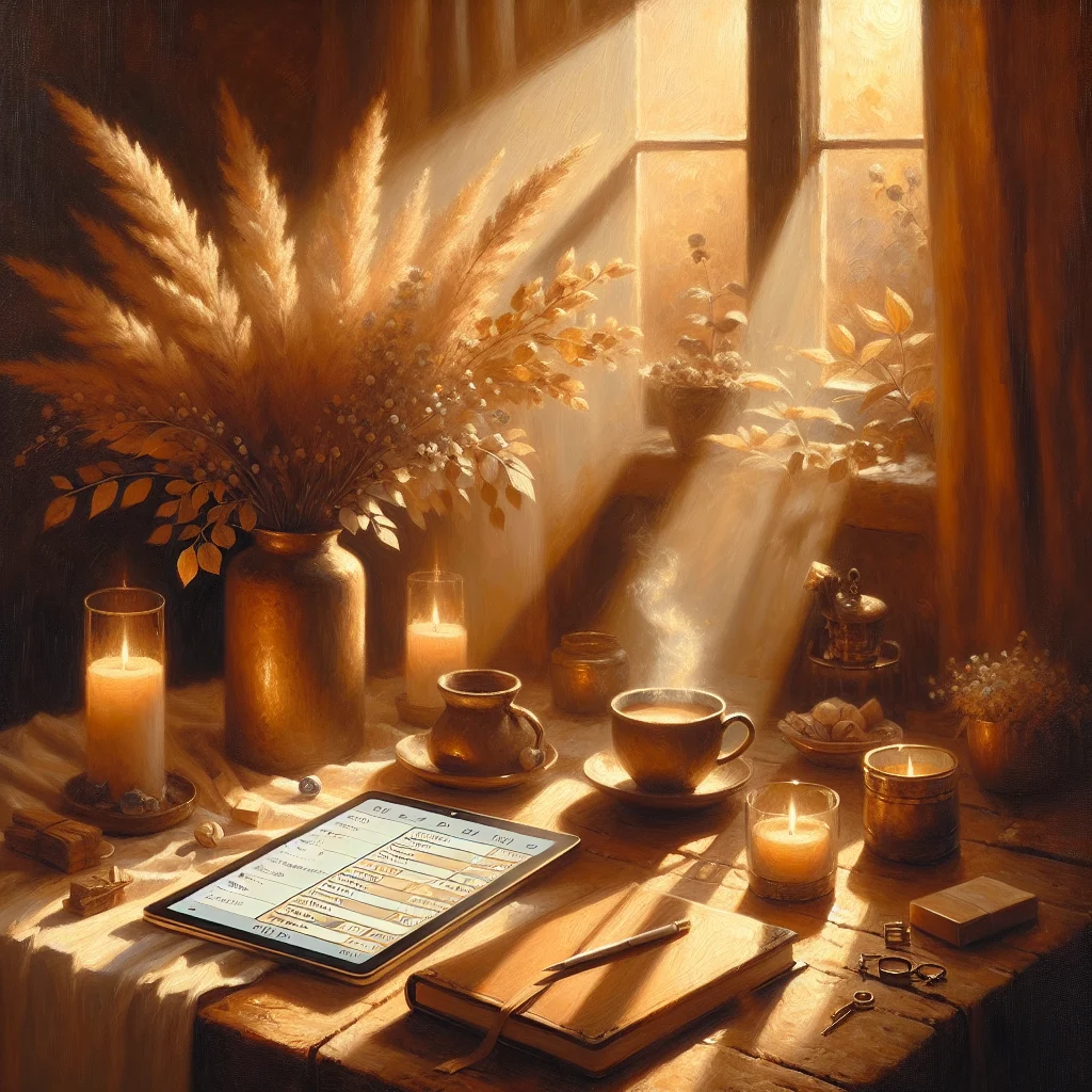 digital-detox-planner-coffee-table Digital detox journal PDF open on tablet with coffee cup and houseplant on side table