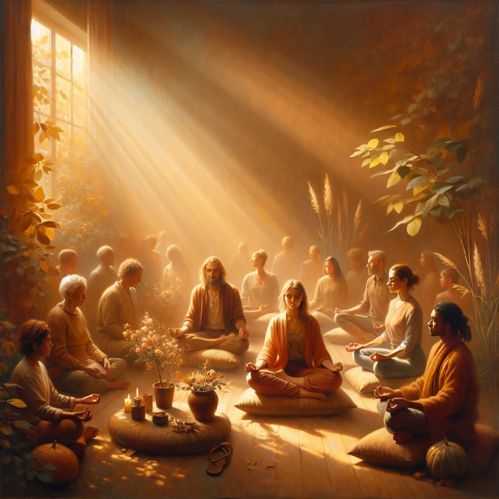 Diverse group of people practicing non-Buddhist meditation techniques in a contemporary wellness center