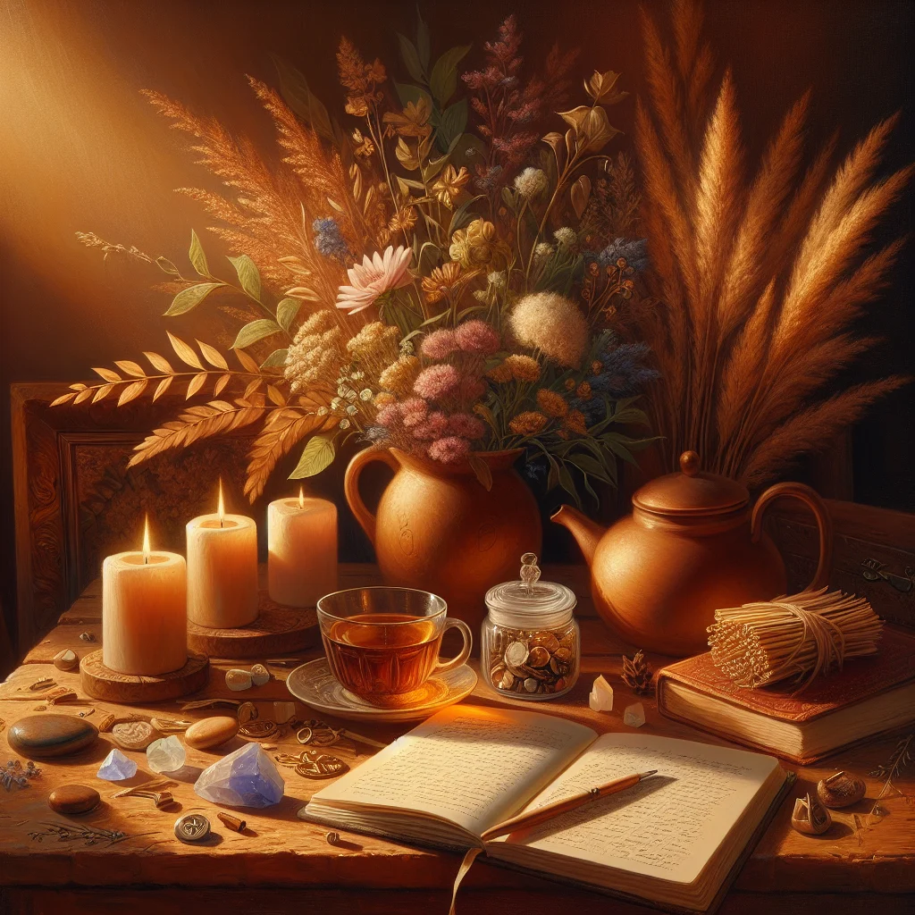 Calm workspace showing journal, tea, and mindfulness tools representing daily emotional balance skills practice