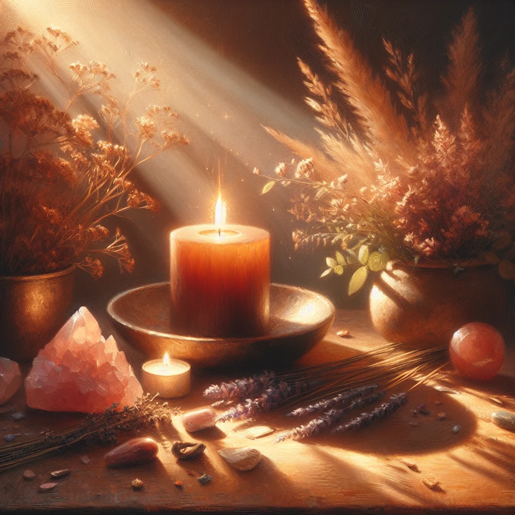 Emotional healing candle burning peacefully surrounded by crystals and healing herbs creating a calming atmosphere
