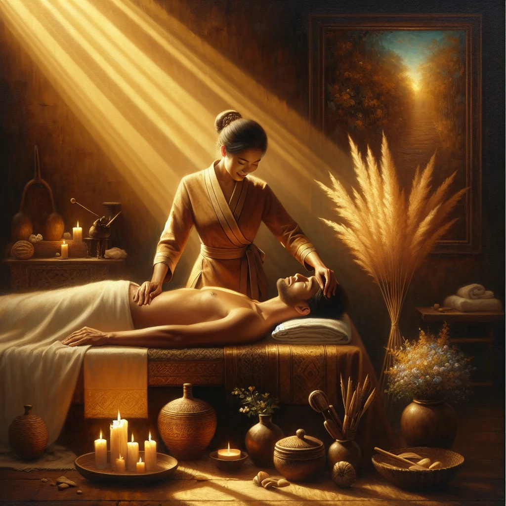 Professional therapist performing emotional healing massage on a client in a peaceful spa environment with soft lighting and calming atmosphere