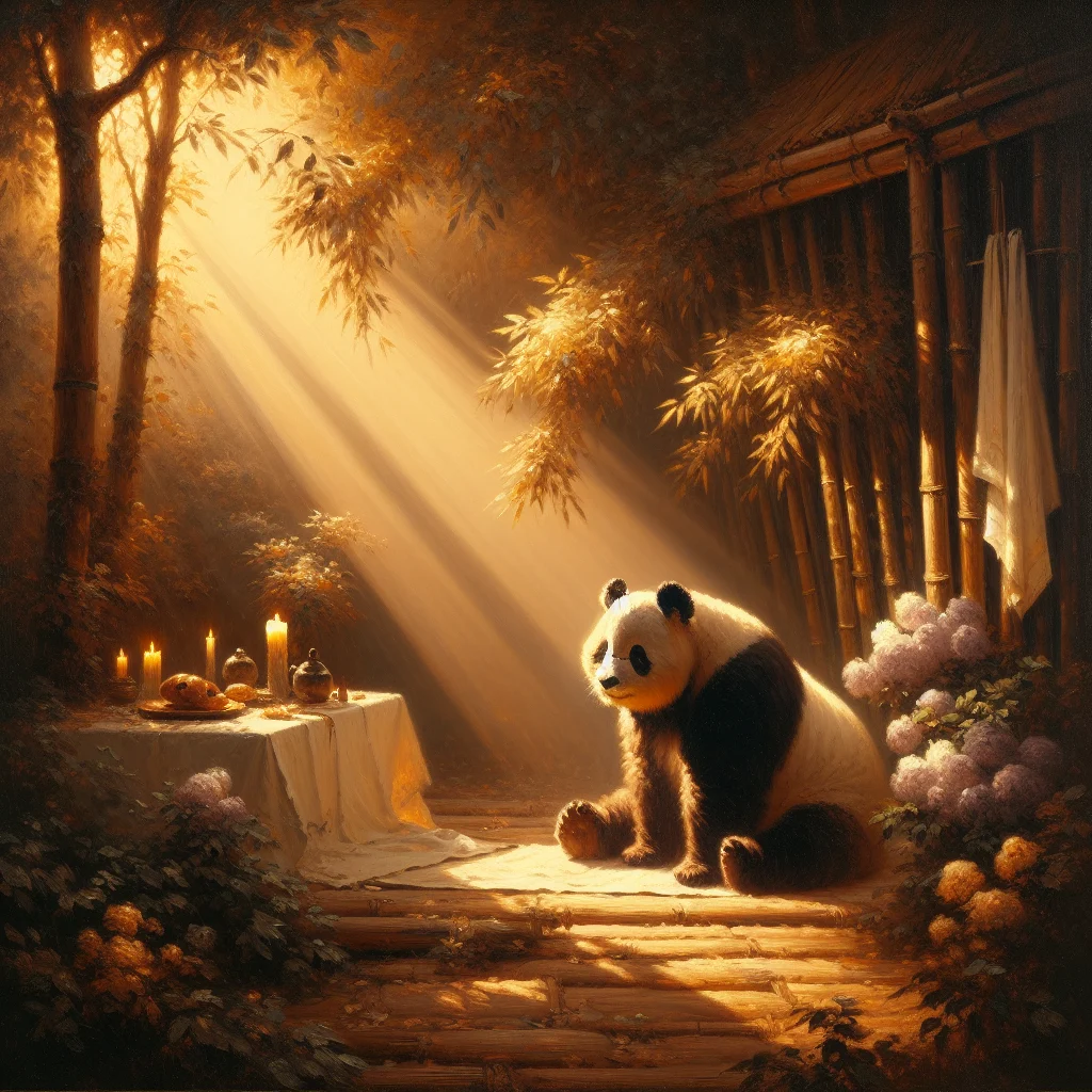 Peaceful panda sitting in meditation pose surrounded by bamboo forest representing emotional healing and tranquility