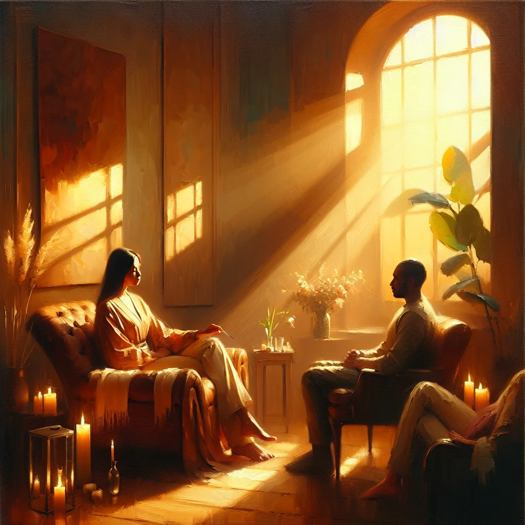 Professional therapist conducting an emotional healing session in a peaceful Bangalore wellness center with calming decor